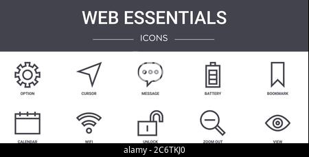 Web Essentials Concept Line Icons Set. Enthält Symbole für Web, Logo, ui/ux wie Cursor, Akku, Kalender, entsperren, verkleinern, Ansicht, Lesezeichen, Stock Vektor