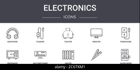 Elektronik Konzept Linie Symbole gesetzt. Enthält Symbole für Web, Logo, ui / ux wie Ladegerät, Monitor, Mikrowelle, Heizung, , Sound-Mixer, Powerbank, Stock Vektor