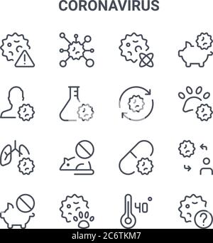 Satz von 16 Coronavirus-Konzept-Vektorlinien-Symbolen. 64x64 dünne Schlaganfall-Symbole wie Coronavirus, infektiös, Virus, Antivirus, Virus, Hilfe, celsius, refr Stock Vektor