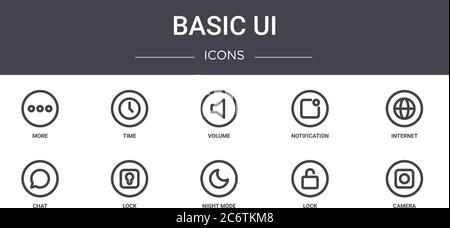 Grundlegende ui Konzept Linie Symbole gesetzt. Enthält Symbole für Web, Logo, ui/ux wie Zeit, Benachrichtigung, Chat, Nachtmodus, Schloss, Kamera, Internet, volu Stock Vektor