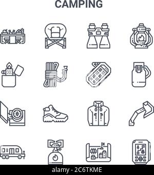 Set von 16 Camping Konzept Vektor-Linie Symbole. 64x64 dünne Schlaganfall Symbole wie Falten, leichter, Kolben, Jacke, Camping Gas, gps, Karte, Powerbank, Öl l Stock Vektor