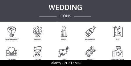 Hochzeit Konzept Linie Symbole Set. Enthält Symbole für Web, Logo, ui / ux wie Kerzen, Champagner, Lage, Liebe, Snacks, Fotokamera, Anzug, dre Stock Vektor