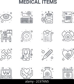 Satz von 16 medizinischen Artikeln Konzept Vektor-Linien-Symbole. 64x64 dünne Schlaganfall Symbole wie medizinische Versorgung, Krankenhausbett, Blutstropfen, Temperatur, Herz, , mich Stock Vektor