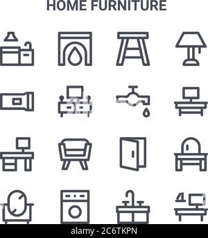 Set von 16 Wohnmöbel Konzept Vektor-Linie Symbole. 64x64 dünne Schlaganfall Symbole wie Kamin, Taschenlampe, tv-Tisch, Tür offen, Waschmaschine, offic Stock Vektor