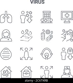 Satz von 16 Virusprinzepts für Vektorlinien. 64x64 dünne Schlaganfall Symbole wie Virus, Sanitäter, Händewaschen, Ventilator, Home Office, Krankenschwester, infiziert, i Stock Vektor