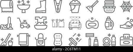 Reinigungs-Linie Symbole. Lineare Set. Qualität Vektor-Linie Set wie Gewebe, Rasierer, Schwamm, Mopp, Waschflüssigkeit, Waschen, Spinnennetz, Eimer, reinigen Stock Vektor