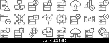 Big Data Linie Symbole. Lineare Menge. Qualität Vektor-Linie Satz wie Server, Cloud-Speicher, Bericht, Datenbank, Datenübertragung, Datenbank, Datenbank, Text, Stock Vektor