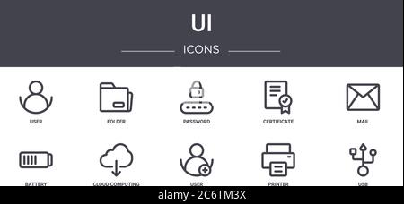 ui-Konzept-Zeile Symbole gesetzt. Enthält Symbole für Web, Logo, ui/ux wie Ordner, Zertifikat, Batterie, Benutzer, Drucker, usb, Mail, Passwort Stock Vektor
