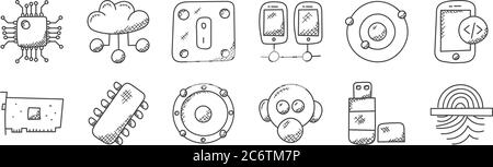 12 Satz von linearen Technologie-Symbole. Dünne Umrisssymbole wie Fingerabdruck-Scannen, Gasmaske, Schaltung, Orbit, Netzschalter, Cloud-Computing für Web, m Stock Vektor