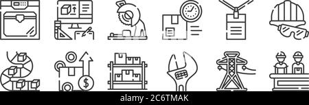 12 Satz von linearen industriellen Prozess-Icons. Dünne Umrisssymbole wie Herstellung, Schraubenschlüssel, Box, Arbeit, Sägemaschine, Produkt de für Web, mobil Stock Vektor