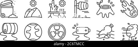 12 Satz von linearen Klimawandel-Symbole. Dünne Umrisssymbole wie Wind, Batterie, Erde, Entwaldung, Dürre, Wüste für Web, mobil Stock Vektor