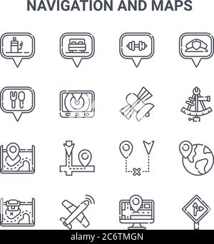 Satz von 16 Navigations- und Kartenkonzept Vektorlinien-Symbolen. 64x64 dünne Striche Symbole wie Hotel, Restaurant, Sextant, gebrochen, Flugzeug, rechts abbiegen, tra Stock Vektor