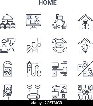 Satz von 16 Home Concept Vektorlinien-Symbolen. 64x64 dünne Striche Symbole wie Videoanruf, Cloud-Upload, Idee, Arbeitsplatz, WiFi-Router, Teamarbeit, Arbeit s Stock Vektor