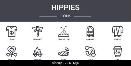 Hippies Concept Line Icons Set. Enthält Icons für Web, Logo, ui/ux wie Libelle, Handtasche, Ballon, Zigarre, Erde, Conga, Poncho, Camping t Stock Vektor