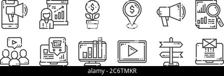 12 Satz von linearen Marketing-Symbole. Dünne Umrisssymbole wie E-Mail, Video-Marketing, E-Commerce, Marketing, Investitionen, Präsentation für Web, mobile Stock Vektor