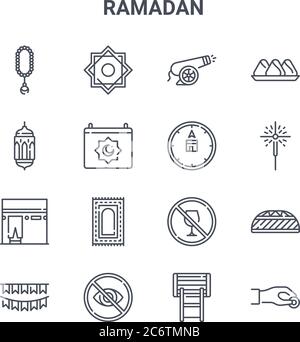Satz von 16 symbolen für die ramadan-Vektorlinien. 64x64 dünne Strich-Symbole wie reiben el hizb, Laterne, Sparkler, kein Trinken, versteckt, Spende, gegraben, kaa Stock Vektor