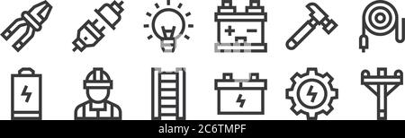 12 Satz von linearen Elektriker Werkzeuge und Elemente Symbole. Dünne Umrisssymbole wie elektrische Pole, Akkumulator, Elektriker, Hammer, Glühbirne, Leistung p Stock Vektor