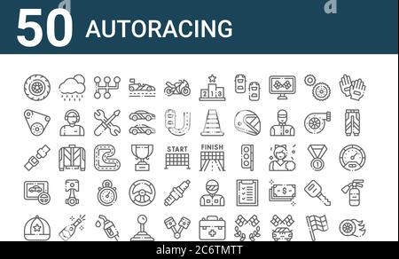 Set von 50 Autoracing-Icons. Skizzieren dünne Linie Symbole wie Reifen, Kappe, Spiel, Sicherheitsgurt, Förderband, regen, Finish Stock Vektor