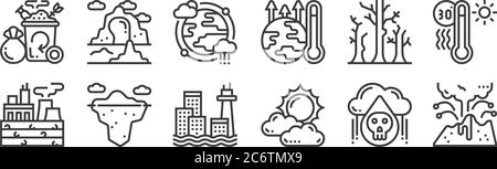 12 Satz von linearen Klimawandel-Symbole. Dünne Umrisssymbole wie Vulkan, Sonne, Eisberg, toten Baum, Atmosphäre, Gletscher für Web, mobil Stock Vektor