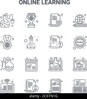 Satz von 16 Online-Lernkonzept Vektorlinien-Symbole. 64x64 dünne Schlaganfall Symbole wie Trophäe, Medaille, Pass, , Download-Datei, Tablet, Upload-Datei, Globus Stock Vektor