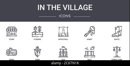 In der Dorf-Konzept-Linie Icons Set. Enthält Symbole für Web, Logo, ui/ux wie Blumen, Honig, Holz, Silo, Ballen, Straßenlaterne, Stiefel, Wasser Stock Vektor