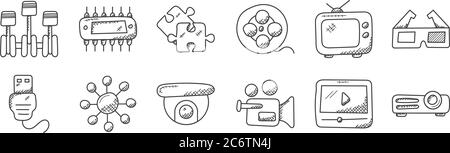 12 Satz von linearen Technologie-Symbole. Dünne Umrisssymbole wie Projektor, Videokamera, Netzwerk, Fernsehen, Puzzle, Schaltung für Web, mobil Stock Vektor