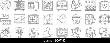 Technologie Geräte Linie Symbole. Lineare Set. Qualität Vektor Linie Set wie usb-Ladegerät, Ventilator, Joystick, Gamepad, Musik-Player, Klimaanlage, medizinische Stock Vektor