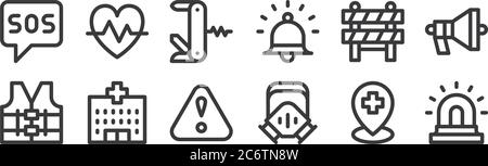 12 Satz von linearen Notfälle Symbole. Dünne Umrisssymbole wie Sirene, Gasmaske, Krankenhaus, Barriere, schweizer Armee Messer, Puls für Web, mobil Stock Vektor