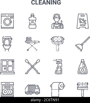 Satz von 16 Vektorlinien-Symbolen für Reinigungskonzepte. 64x64 dünne Strichsymbole wie Mundwasser, Toilette, Kolben, Spray, Müll, Wischer, Toilettenpapier, Rolle, Stock Vektor