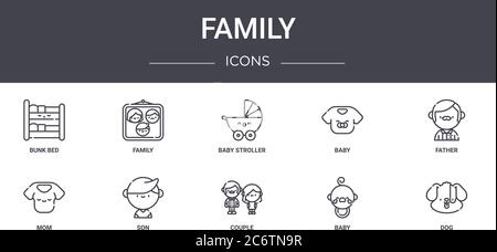 Familie Konzept Linie Symbole Set. Enthält Symbole für Web, Logo, ui / ux wie Familie, Baby, Mama, Paar, Baby, Hund, Vater, Kinderwagen Stock Vektor