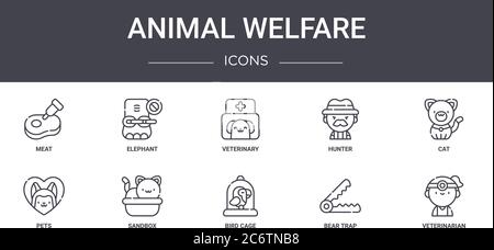 Tierschutz Konzept Linie Symbole Set. Enthält Symbole für Web, Logo, ui / ux wie Elefant, Jäger, Haustiere, Vogelkäfig, Bärenfalle, Tierarzt, Stock Vektor