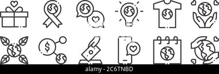 12 Satz von linearen Welt Liebe Symbole. Dünne Umrisse Symbole wie speichern Sie die Welt, Liebe Nachricht, Verbindung, T-Shirt, Gespräch, Band für Web, mobile Stock Vektor