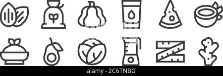 12 Satz von linearen Ernährung Symbole. Dünne Umrisse Symbole wie Ingwer, Entsafter, Avocado, Käse, Kürbis, Mehl für Web, mobile Stock Vektor