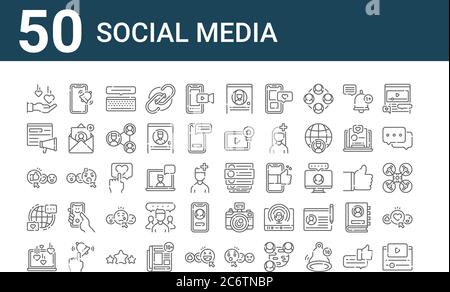 Set von 50 Social Media-Symbole. Skizzieren dünne Linien Symbole wie Video-Player, Laptop, Internet, Daumen nach oben, viral, Smartphone, Kommentare Stock Vektor
