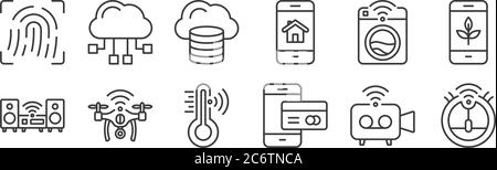 12 Satz von linearen Internet der Dinge Symbole. Dünne Umrisse Symbole wie Roboter-Staubsauger, Online-Zahlung, Kamera-Drohne, intelligente Waschmaschine, Wolke Stock Vektor