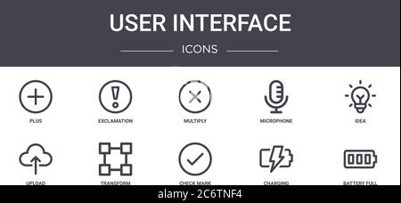 User Interface Concept Line Icons Set. Enthält Symbole für Web, Logo, ui/ux wie Ausruf, Mikrofon, Upload, Häkchen, Laden, Batte Stock Vektor