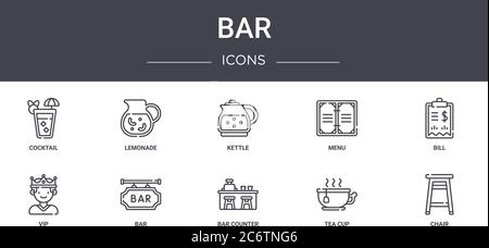 Bar Konzept Linie Symbole Set. Enthält Symbole für Web, Logo, ui / ux wie Limonade, Menü, vip, Bar-Zähler, Tee-Tasse, Stuhl, Rechnung, Wasserkocher Stock Vektor