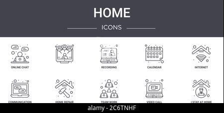 Home Konzept Linie Symbole gesetzt. Enthält Symbole für Web, Logo, ui / ux wie , Kalender, Kommunikation, Teamarbeit, Videoanruf, ich bleibe zu Hause, inte Stock Vektor
