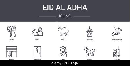 eid al adha Concept Line Icons Set. Enthält Symbole für Web, Logo, ui/ux wie Ziege, Laterne, kaaba, Mann, Schaf, Impfstoff, Almosengabe, Ziege Stock Vektor