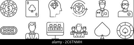 12 Satz von linearen Casino-Symbole. Dünne Umrisssymbole wie Spaten, Croupier, Croupier, Polizist, Geist, Kartenspiel für Web, mobil Stock Vektor