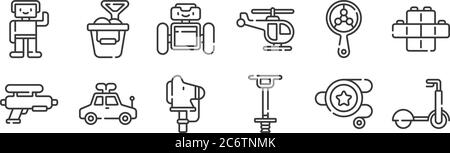 12 Satz von linearen Kinder Spielzeug Symbole. Dünne Umrisse Symbole wie Roller, Pogostab, Spielzeugauto, Rassel, Droid, Sand Eimer für Web, mobil Stock Vektor