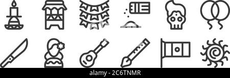 12 Satz von linearen cinco de Mayo-Icons. Dünne Umrisse Symbole wie Sonne, Flöte, Mexikaner, Schädel, Girlande, huehuetl für Web, mobile Stock Vektor