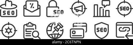 12 Satz von linearen Web-Apps seo-Symbole. Dünne Umrisssymbole wie Hyperlink, Cit-Karte, Suche, Sprechblase, Vorhängeschloss, E-Mail für Web, mobil Stock Vektor