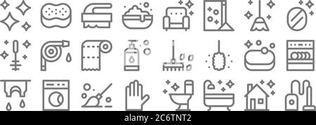 Reinigungs-Linie Symbole. Lineare Set. Qualität Vektor-Linie Set wie Staubsauger, Bad, Handschuh, Kleidung, Seife, Papiertuch, Spiegel, Sessel, Schwamm Stock Vektor