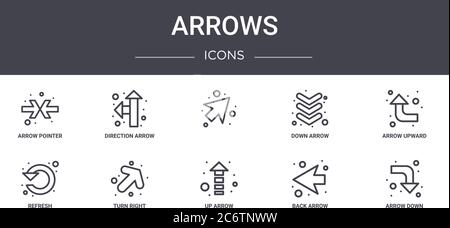Pfeile Concept Line Icons Set. Enthält Symbole für Web, Logo, ui/ux wie Richtungspfeil, Pfeil nach unten, aktualisieren, Pfeil nach oben, zurück nach unten, nach oben, Stock Vektor