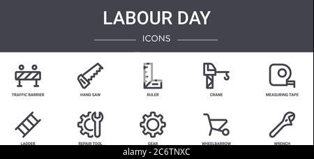 Labor Day Concept Line Icons Set. Enthält Symbole für Web, Logo, ui/ux wie Handsäge, Kran, Leiter, Getriebe, Schubkarre, Schlüssel, Messen ta Stock Vektor