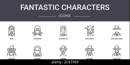 Fantastische Zeichen Konzept Linie Symbole Set. Enthält Symbole für Web, Logo, ui / ux wie Oktopus, Succubus, Wizard, Zombie, Wizard, gesichtslos, i Stock Vektor