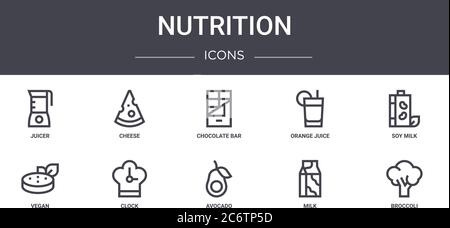 Ernährung Konzept Linie Symbole Set. Enthält Symbole für Web, Logo, ui/ux wie Käse, Orangensaft, vegan, Avocado, Milch, Brokkoli, Sojamilch, c Stock Vektor
