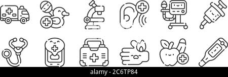 12 Satz von linearen medizinischen Dienstleistungen Symbole. Dünne Umrisse Symbole wie Thermometer, brennen, medizinische App, Lüftung, Mikroskop, Pädiatrie für Web, mobil Stock Vektor