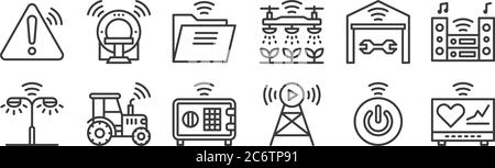 12 Satz von linearen Internet der Dinge Symbole. Dünne Umrisssymbole wie Kardiogramm, Broadcast, Traktor, Garage, Ordner, mri für Web, mobil Stock Vektor